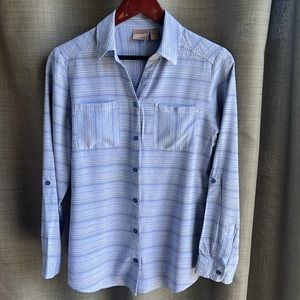 Chico’s blue and white striped button down shirt. Roll tab sleeves. Size 8-10